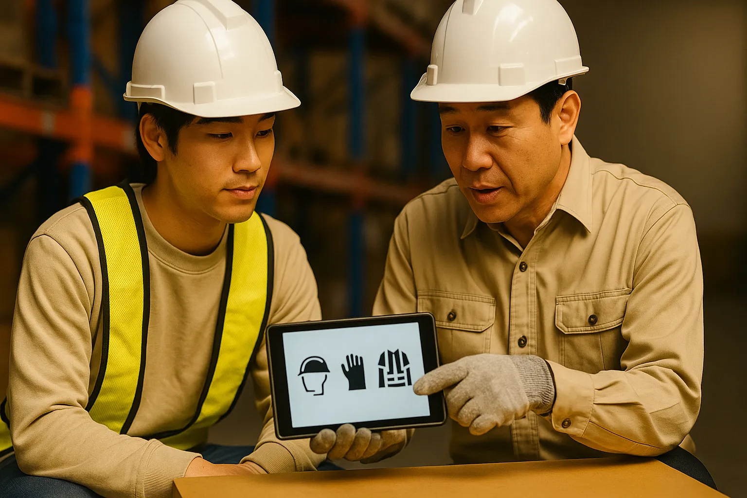 安全手順をタブレットで共有する様子